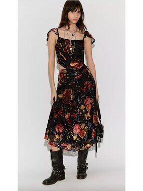 Free People Electra Heart Midi Skirt & Top Set Size XS Burnout Velvet Floral Y2K